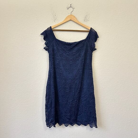 LILLY PULITZER Jade Mini Dress Navy Blue Off The Shoulder Cocktail - Picture 2 of 12